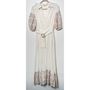 SOLITAIRE White Linen Blend‎ Button Front Dress Embroidered Puff Sleeve Belted